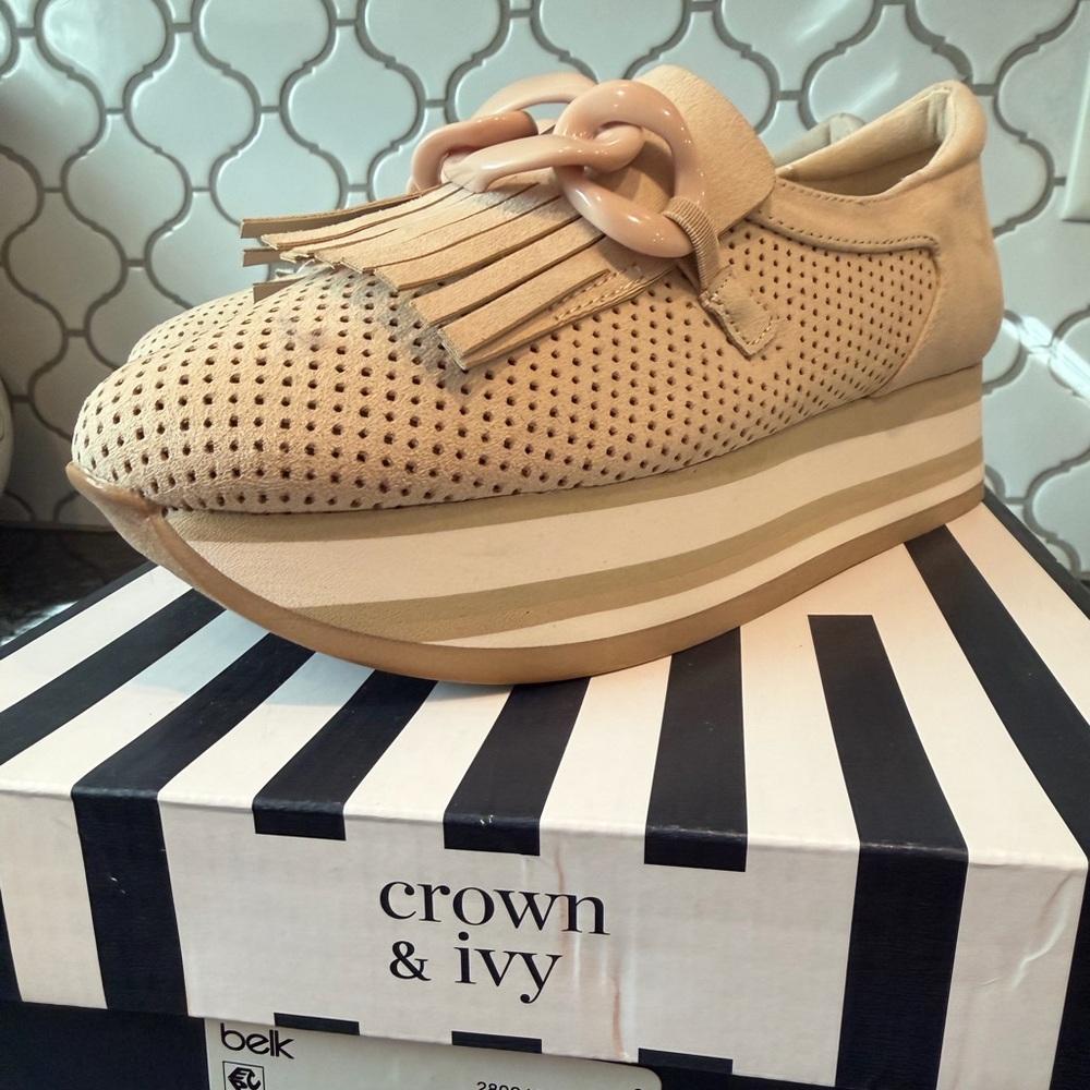 Crown & Ivy Tan Perforated Platform Shoes